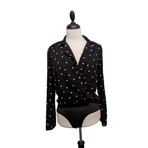 Lush Size Small Black & White Polka Dot Faux Wrap Bodysuit - Picture 1 of 4